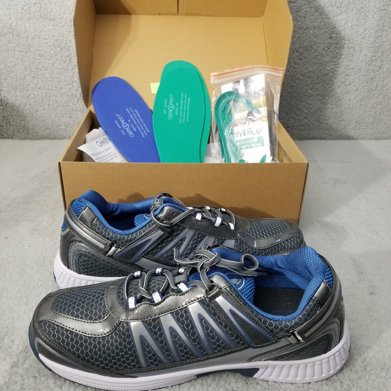 OrthoFeet Men\'s Size 14 2E Extra Wide Gray Blue Sprint Sneakers NEW in BOX OrthoFeet Men\'s Size 14 2E Extra Wide Gray Blue Sprint Sneakers NEW in BOX