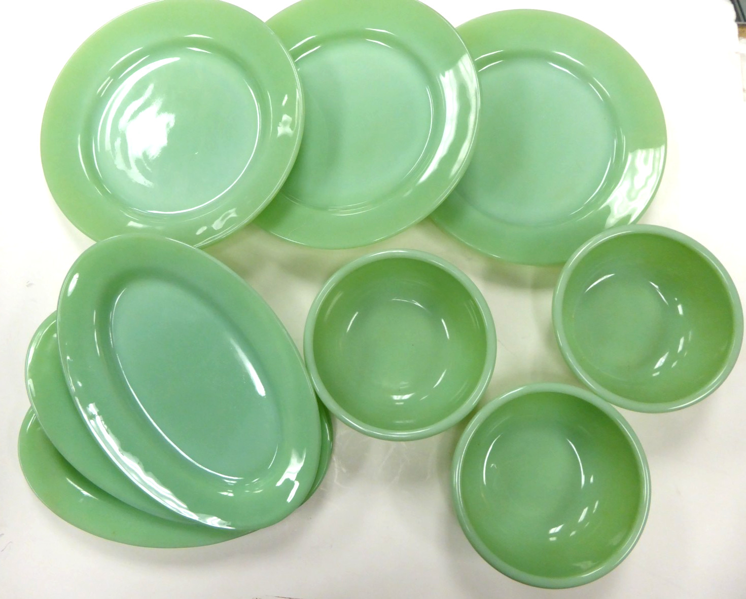 NOS New Old Stock Fire-King Jadeite Restaurant Ware 9-Pc Set 1940s BLOCK MARK
