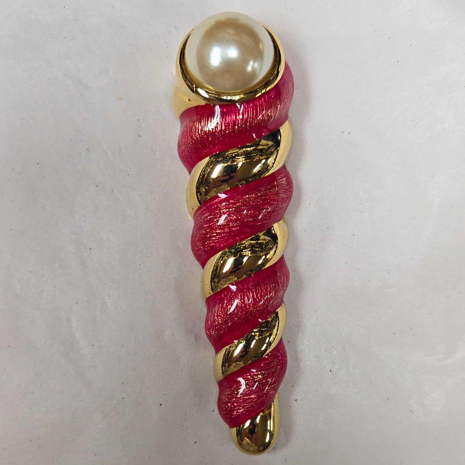 Vintage Signed Guy Laroche Gold Tone Pink Enamel Spiral Brooch Faux Pearl