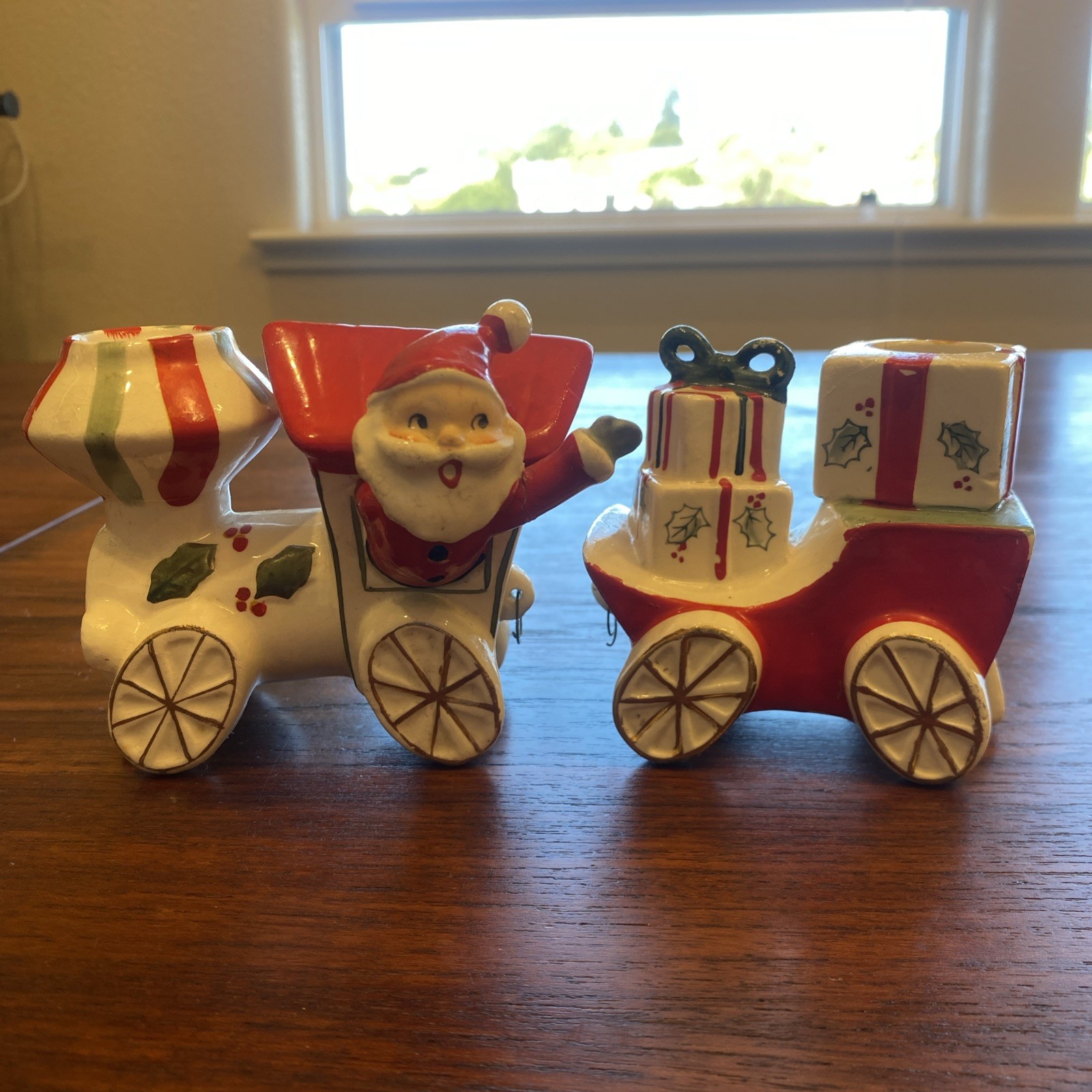 Vintage Napco ceramic Santa Clause Train Christmas Candle Holder 2-piece set