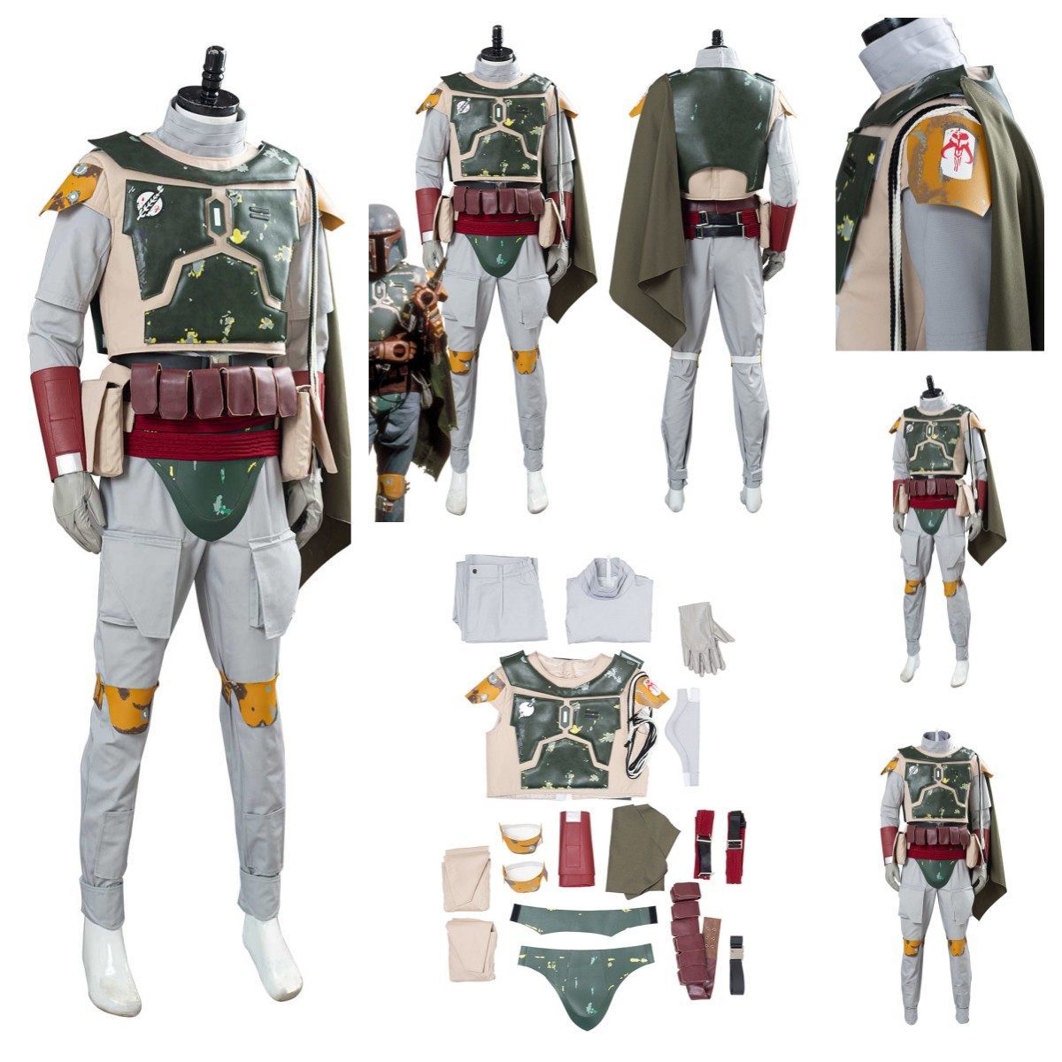 Bounty Hunter Boba Fett Cosplay Costume Mandalorian Cloak Cape fullset Halloween