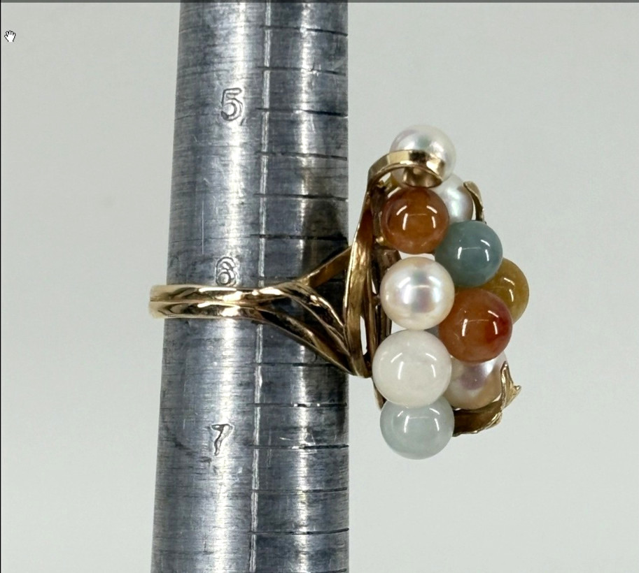 RARE Ming\'s of Honolulu 14K Gold Multicolor Jadeite Pearl Cluster Ring Sz6, 11g
