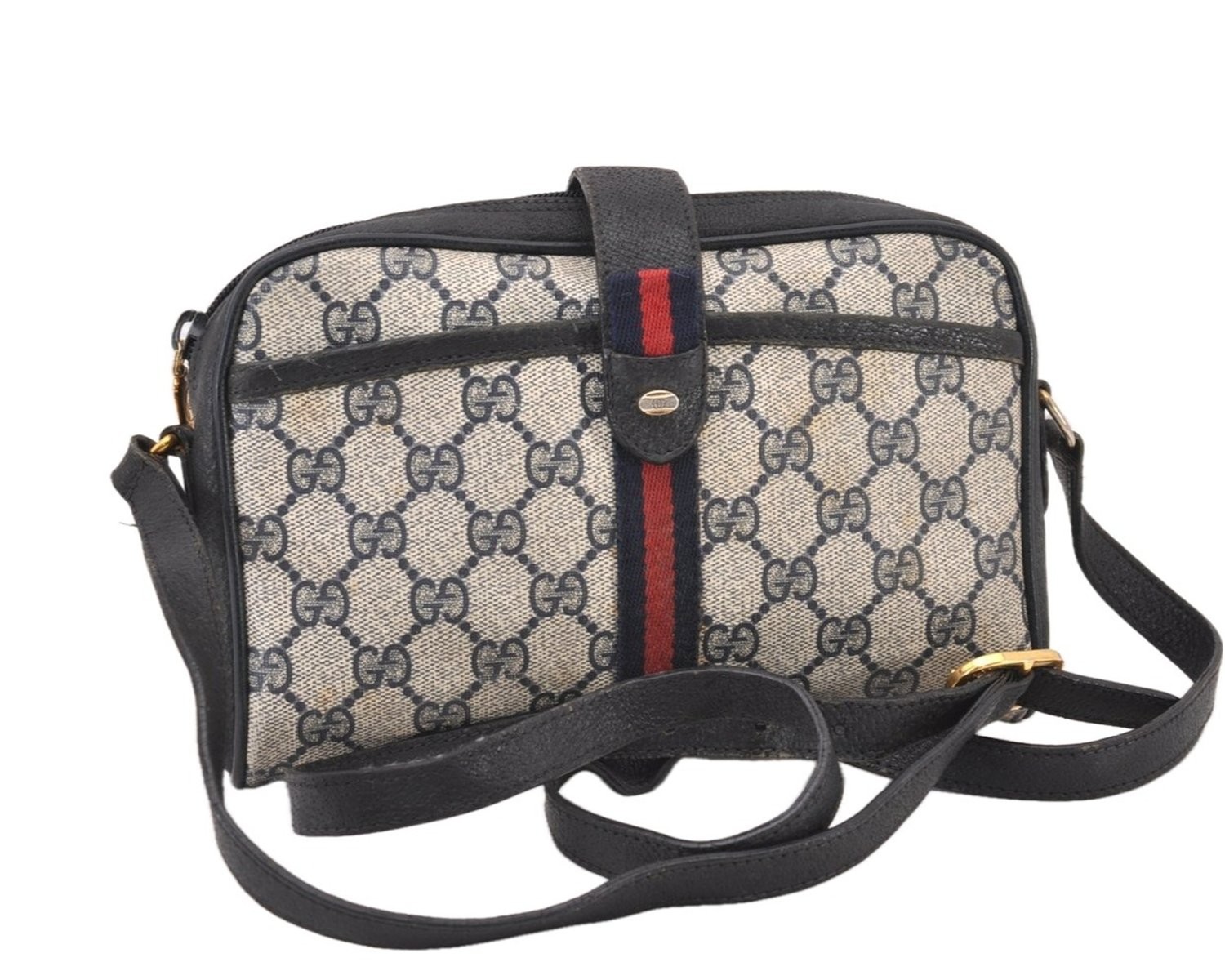 Authentic GUCCI Sherry Line Shoulder Cross Bag GG PVC Leather Navy Blue 563AB