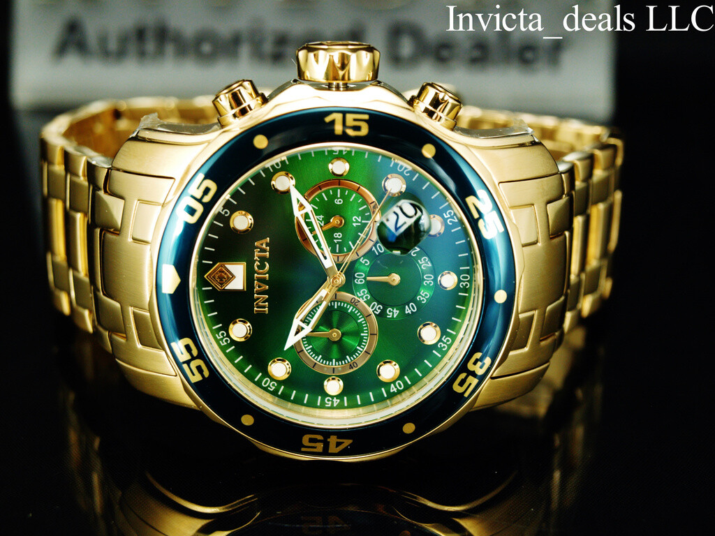 Invicta Men\'s 48mm PRO DIVER Scuba Chronograph Green Dial 18K Gold Plated Watch