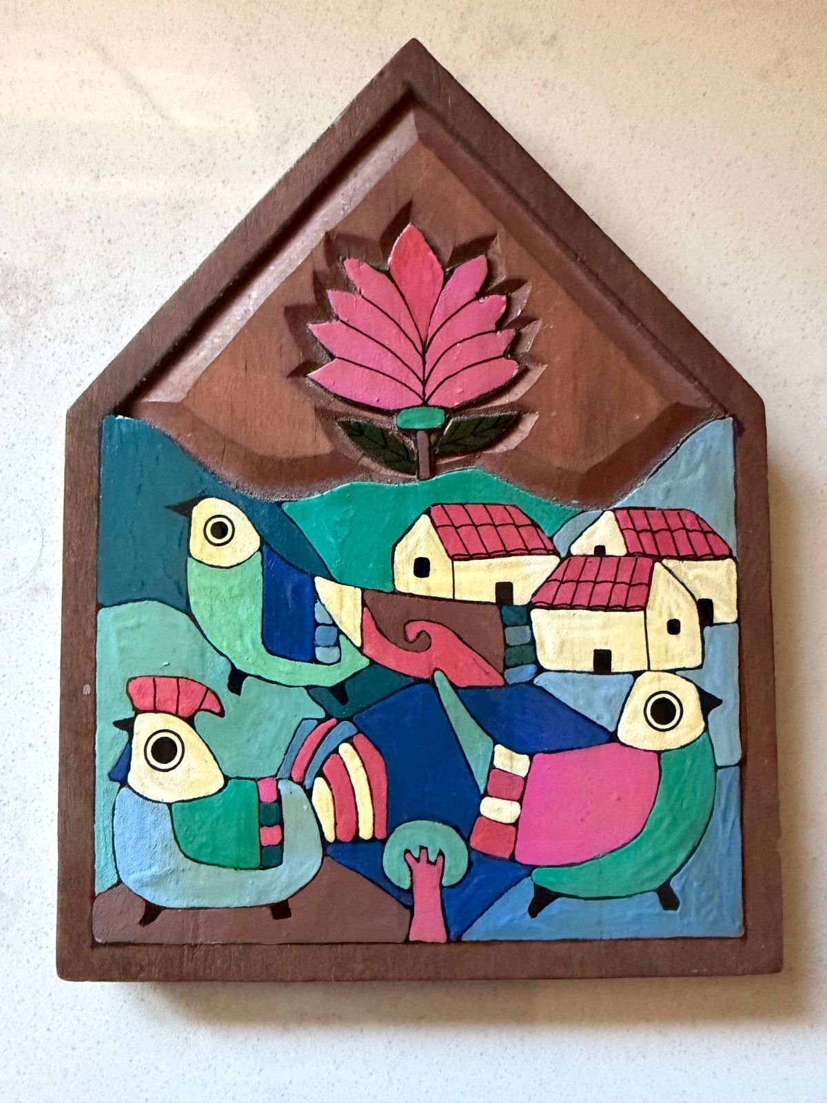 VTG El Salvador Folk Art Hand Painted Wood Plaque La Palma 'The Seed of God' VTG El Salvador Folk Art Hand Painted Wood Plaque La Palma 'The Seed of God'