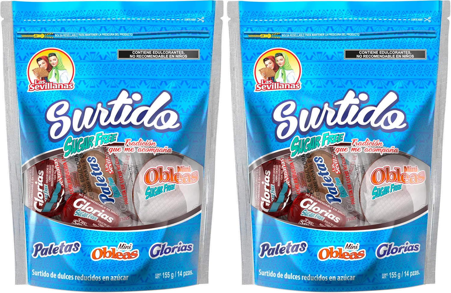 Las Sevillanas Assorted Mexican Candy No Added Sugar 14 Pieces Each - 2 Pack
