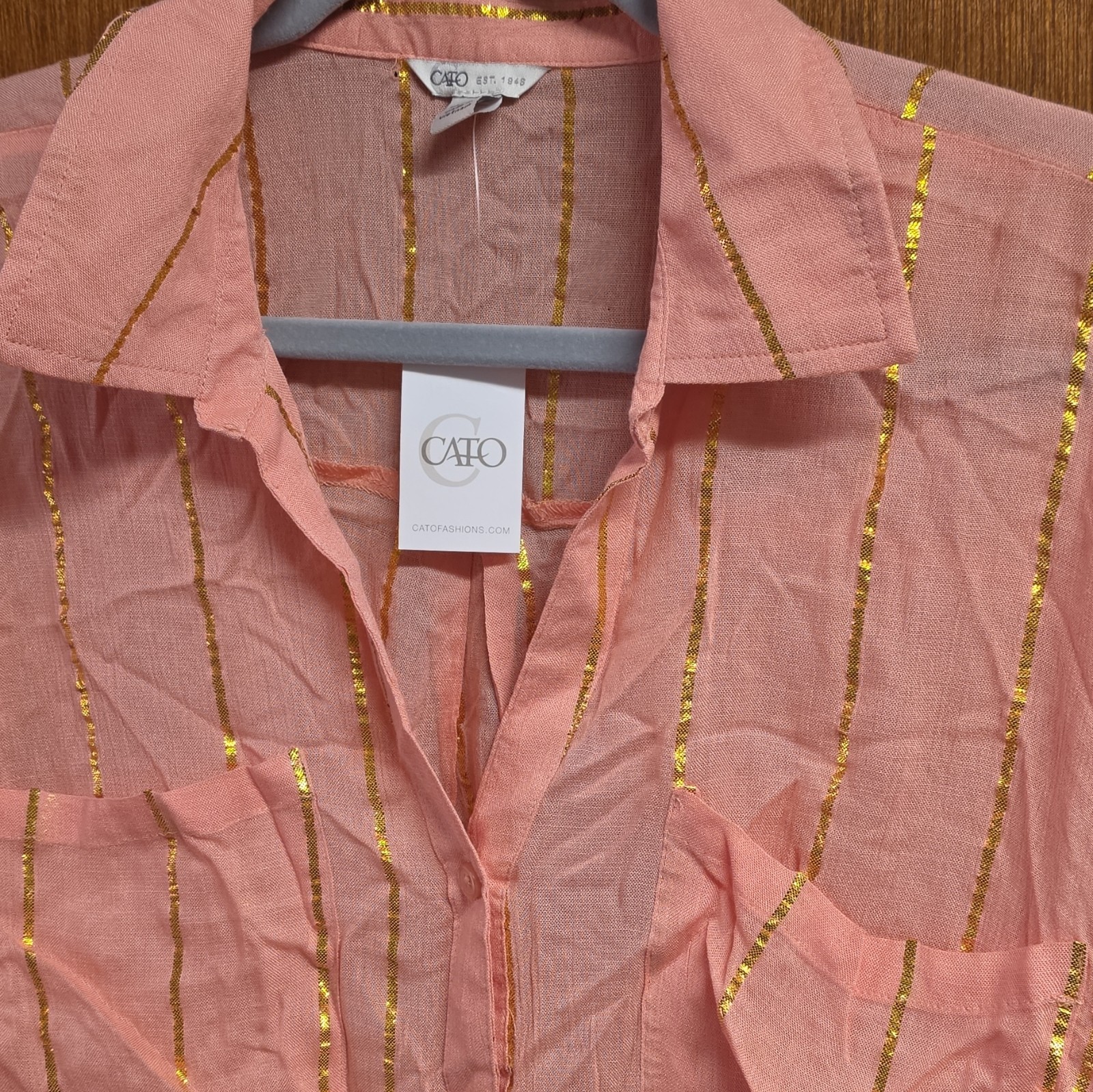 Cato Women\'s Plus 18W Pink/Gold Striped Button-Up Collared Long Sleeve Rayon