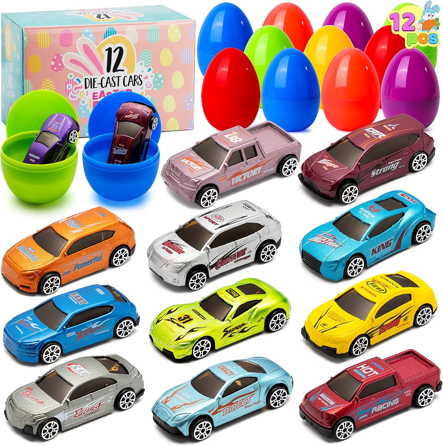 JOYIN 12 Pcs Die-Cast Car Filled Big Easter Eggs, Bright Colorful Prefilled Plas