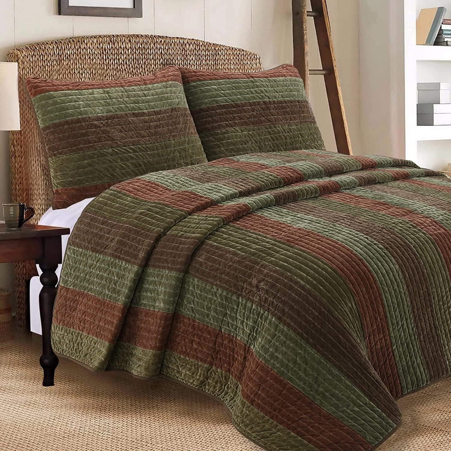Queen Quilt Set Bedding Rustic Mountain Cabin Lodge Farm Brown Green Stripe 3pc