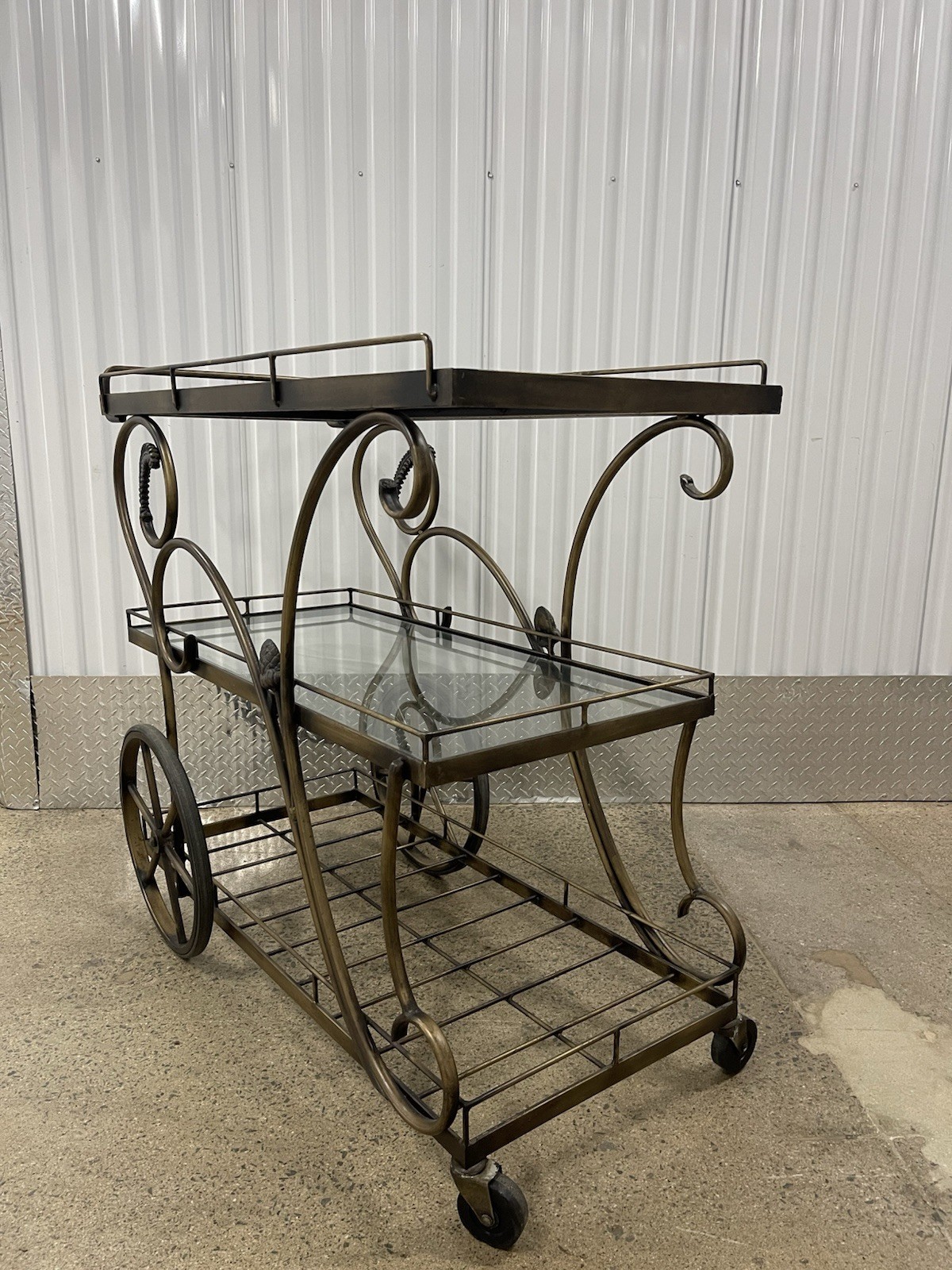 Vintage Fitz Bar Cart Metal Glass 3 Tier Rolling Serving Cart Hollywood Regency