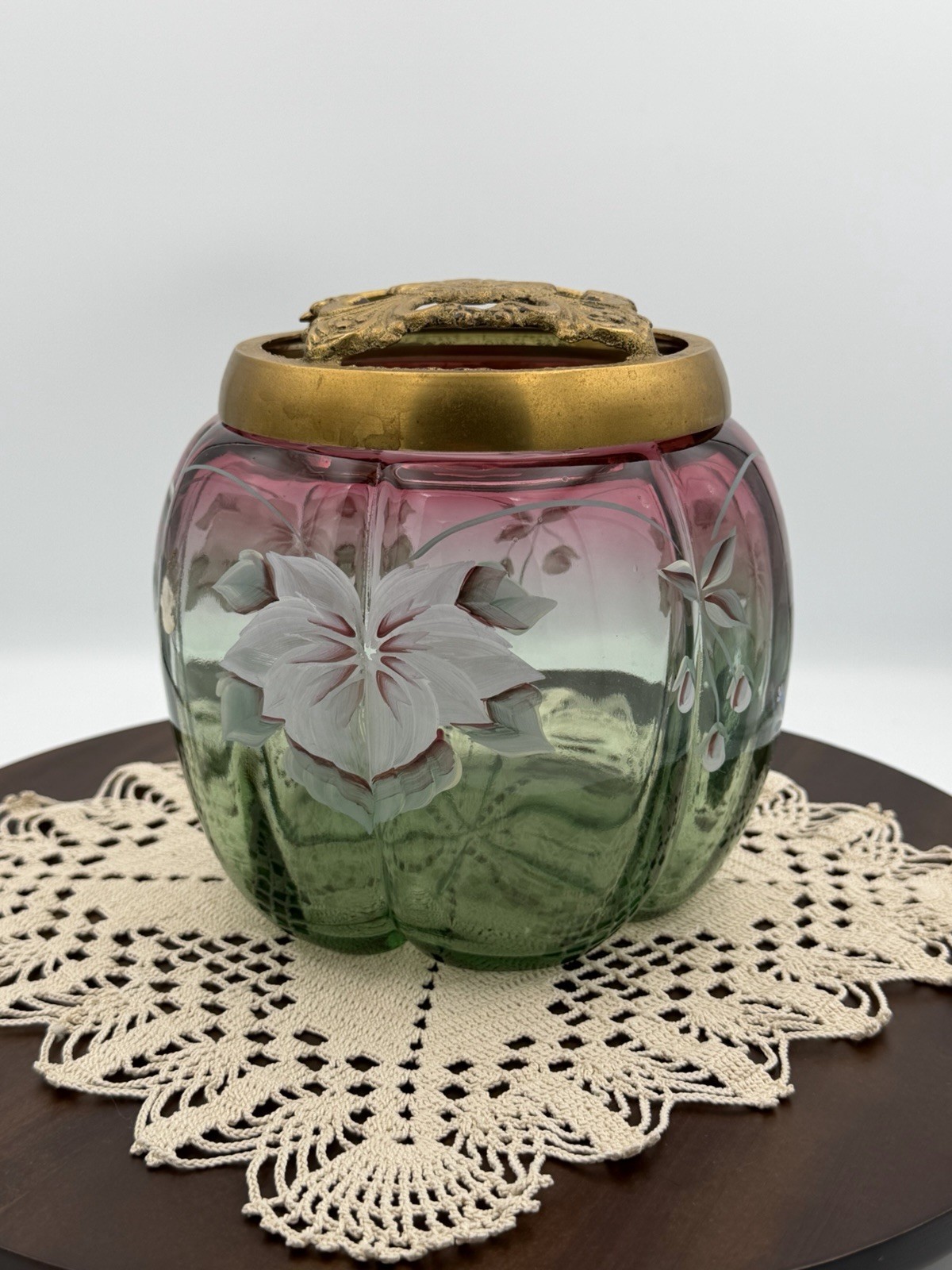 Fenton Rubina Verde Glass Melon Potpourri Jar Brass Lid HP #821/Signed HTF