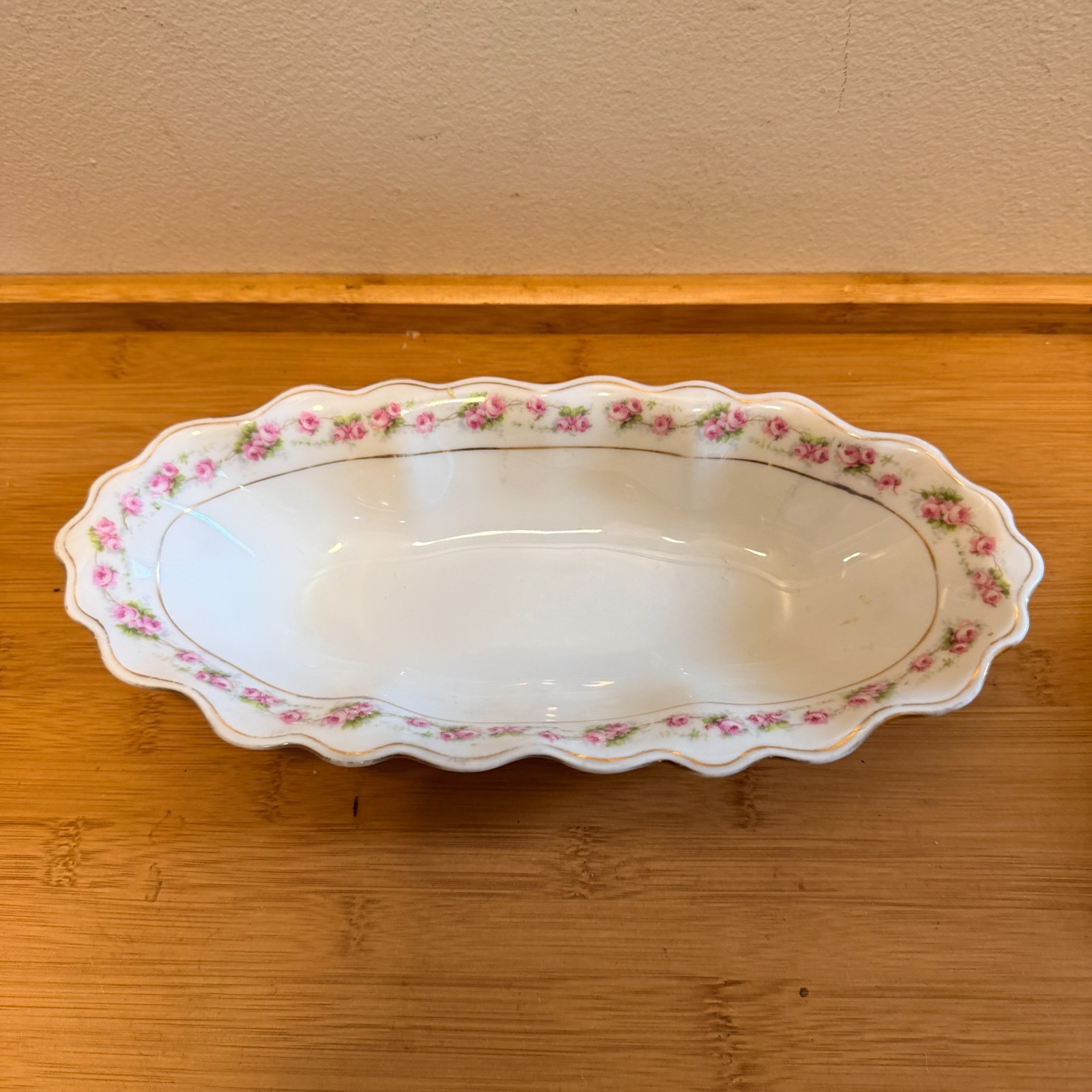 Vintage Germany Porcelain Celery Relish Dish Pink Roses Gold Trim 11 Inch