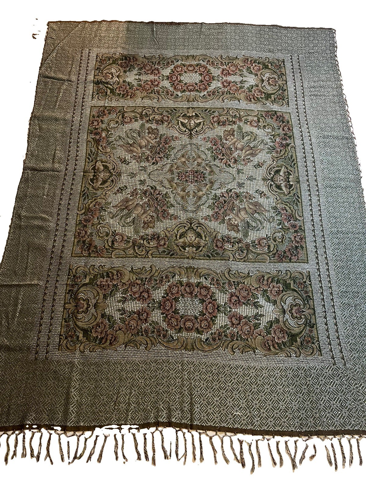 Vintage Italian Woven Silver Coverlet Tapestry Fringed Cherub Rayon/Silk 72x90”