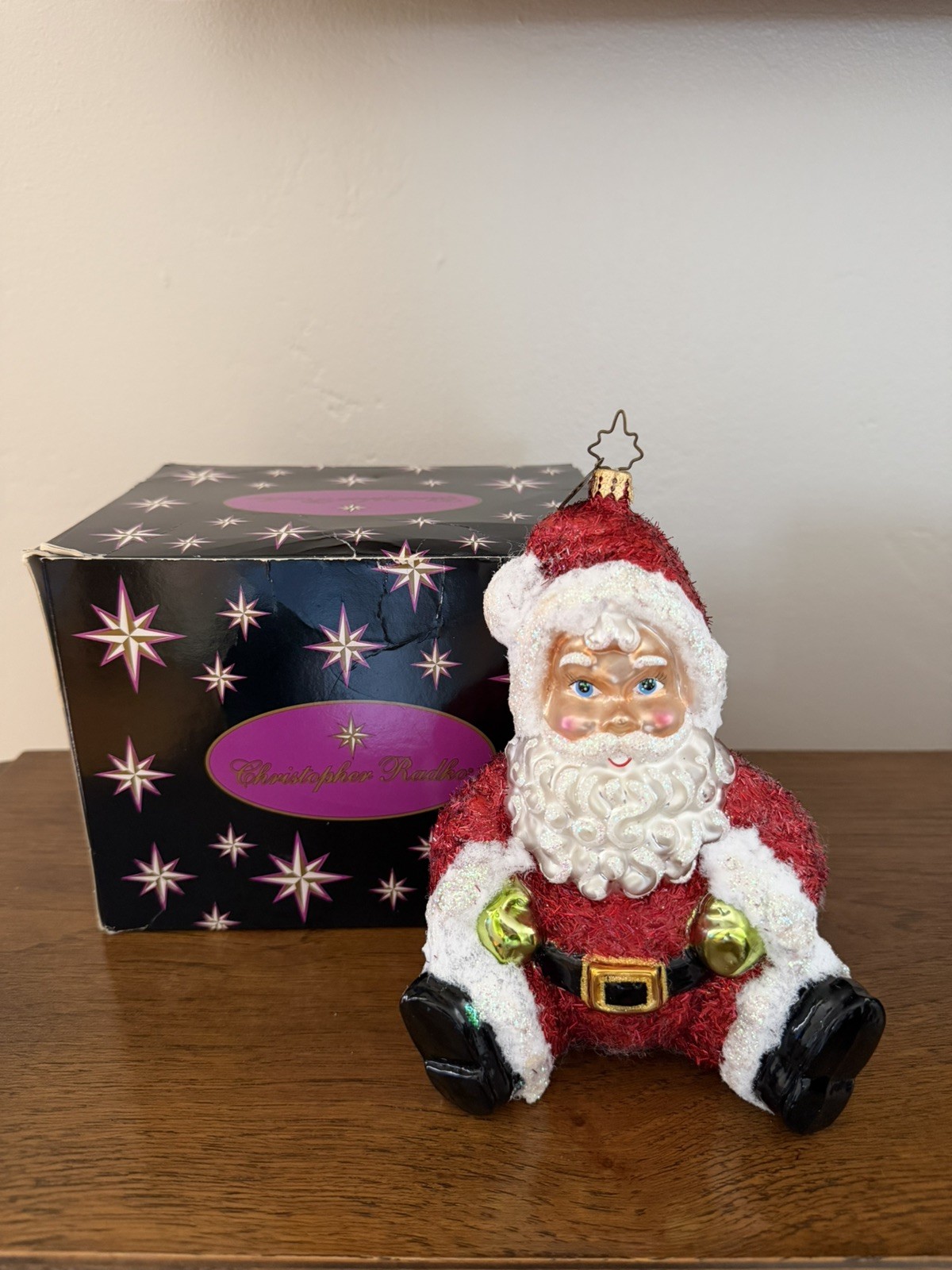 RARE Christopher Radko Flocked Sitting Santa Glass Ornament with Original Box