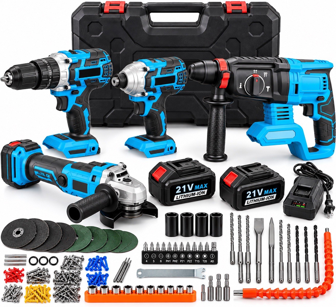 21V Cordless Power Tool Combo Kit Drill Impact Wrench Rotary Hammer Grinder Set