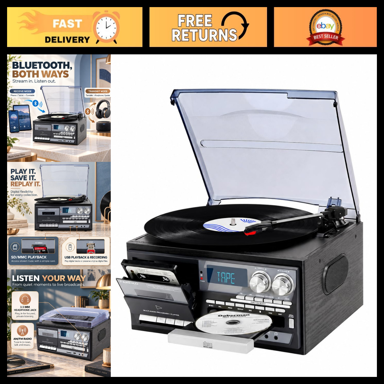Vintage 9-in-1 Record Player - Bluetooth, 3-Speed Turntable, CD, Cassette, AM/FM Vintage 9-in-1 Record Player - Bluetooth, 3-Speed Turntable, CD, Cassette, AM/FM