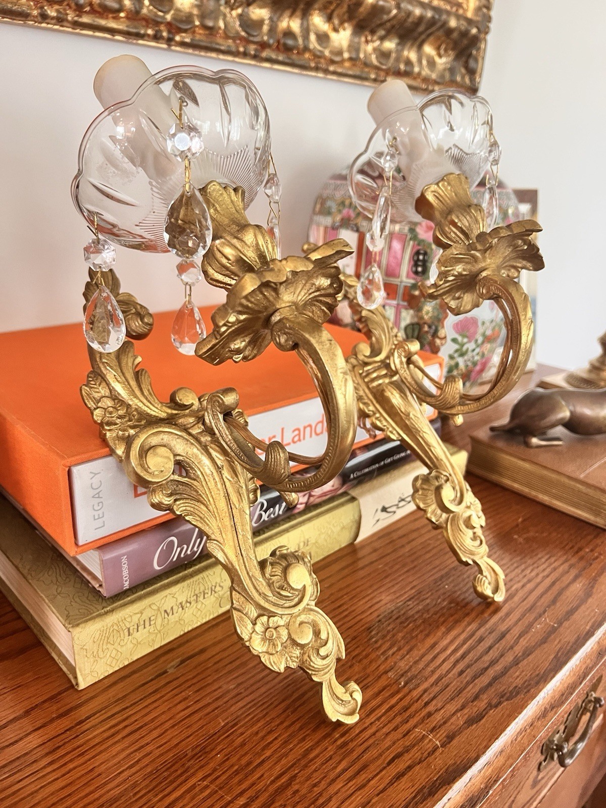 Pair Vintage Gilt Brass Electrified French Rococo Wall Sconce Candle Holders