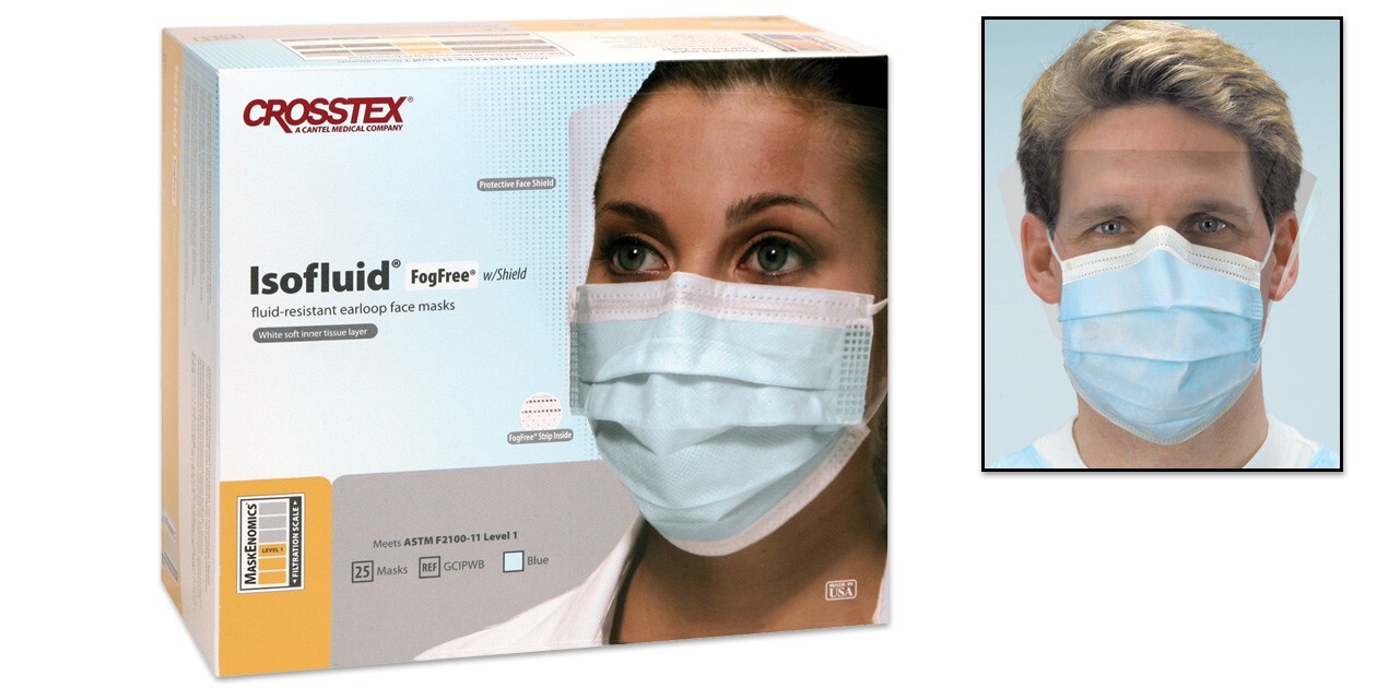 Crosstex GCIPWT Isofluid Level 1 Face Masks with Shield Anti Fog 25/Bx Turquoise