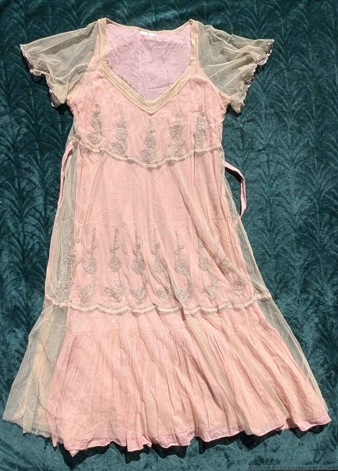 Nataya Retro 1910s 20s Edwardian Replica Pink Nude Embroidered Mesh Summer Dress