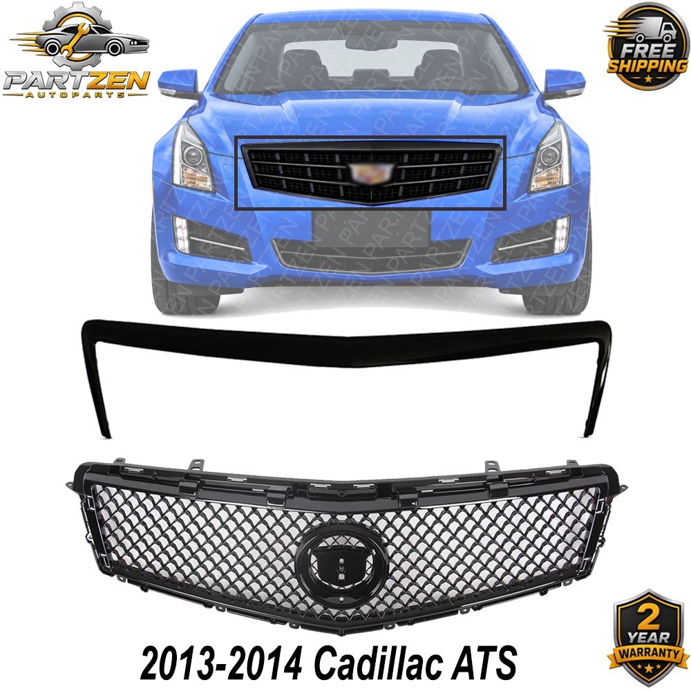 Front Upper Grille & Molding Trim Gloss Black For 2013-2014 Cadillac ATS