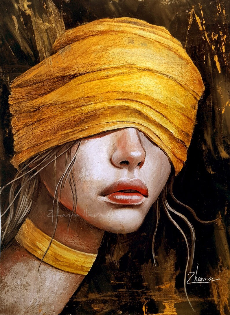 Original Acrylic hand painted ART woman potrait golden scarf small painting OOAK