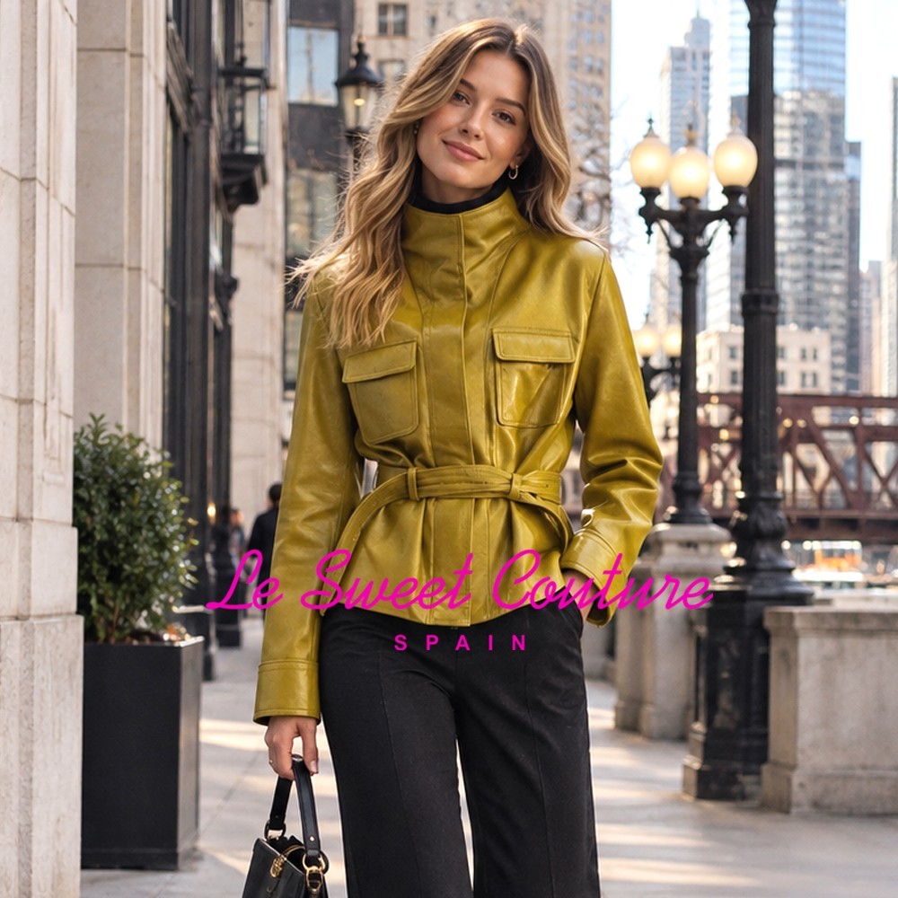 ZARA WOMAN FW26 GREEN-DRY ZW COLLECTION LEATHER BELTED JACKET 3322/244/592