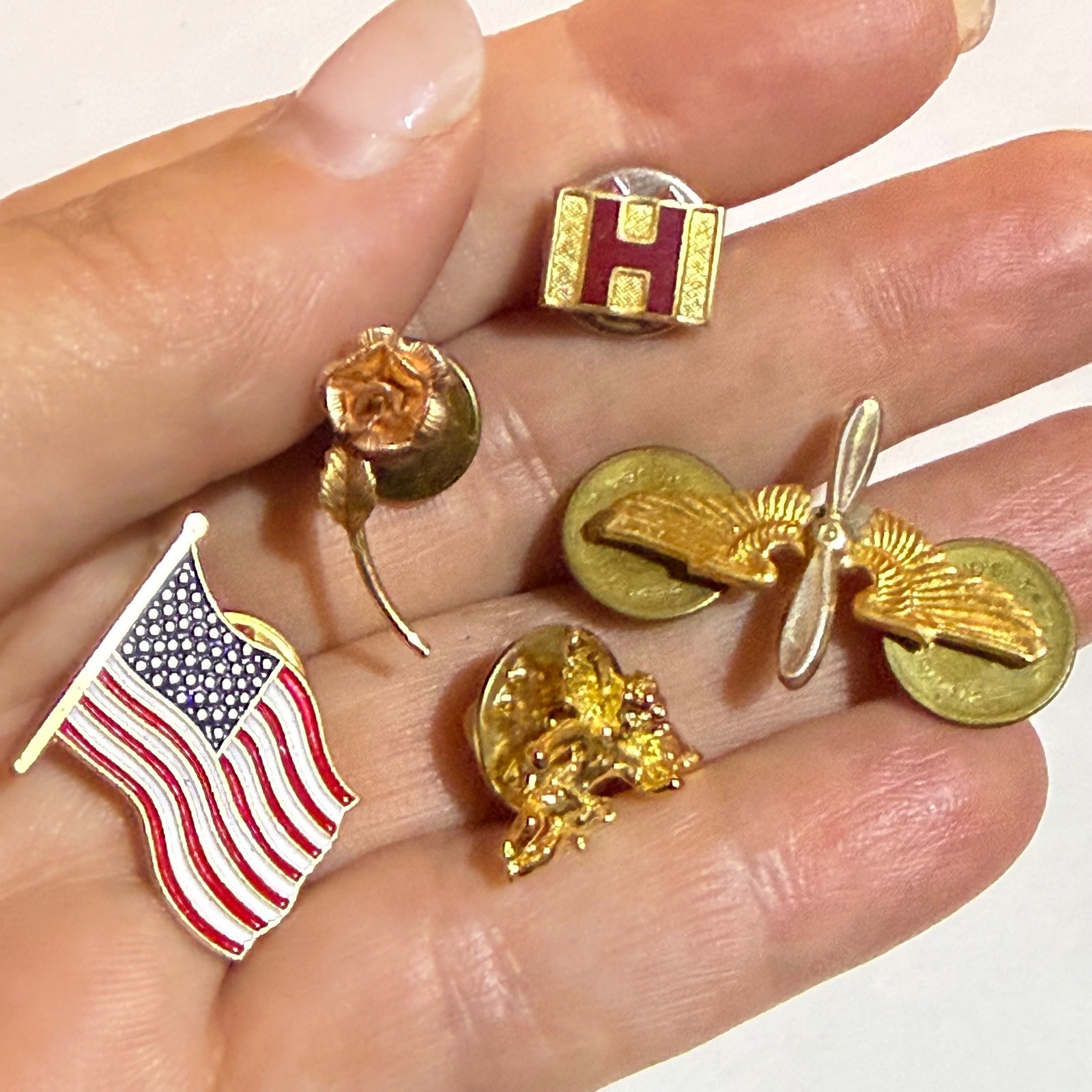 Vintage Pin Lot 5 Initial H Hermes? WW2 Aviation Wings Rose Cherub Flag Brooch