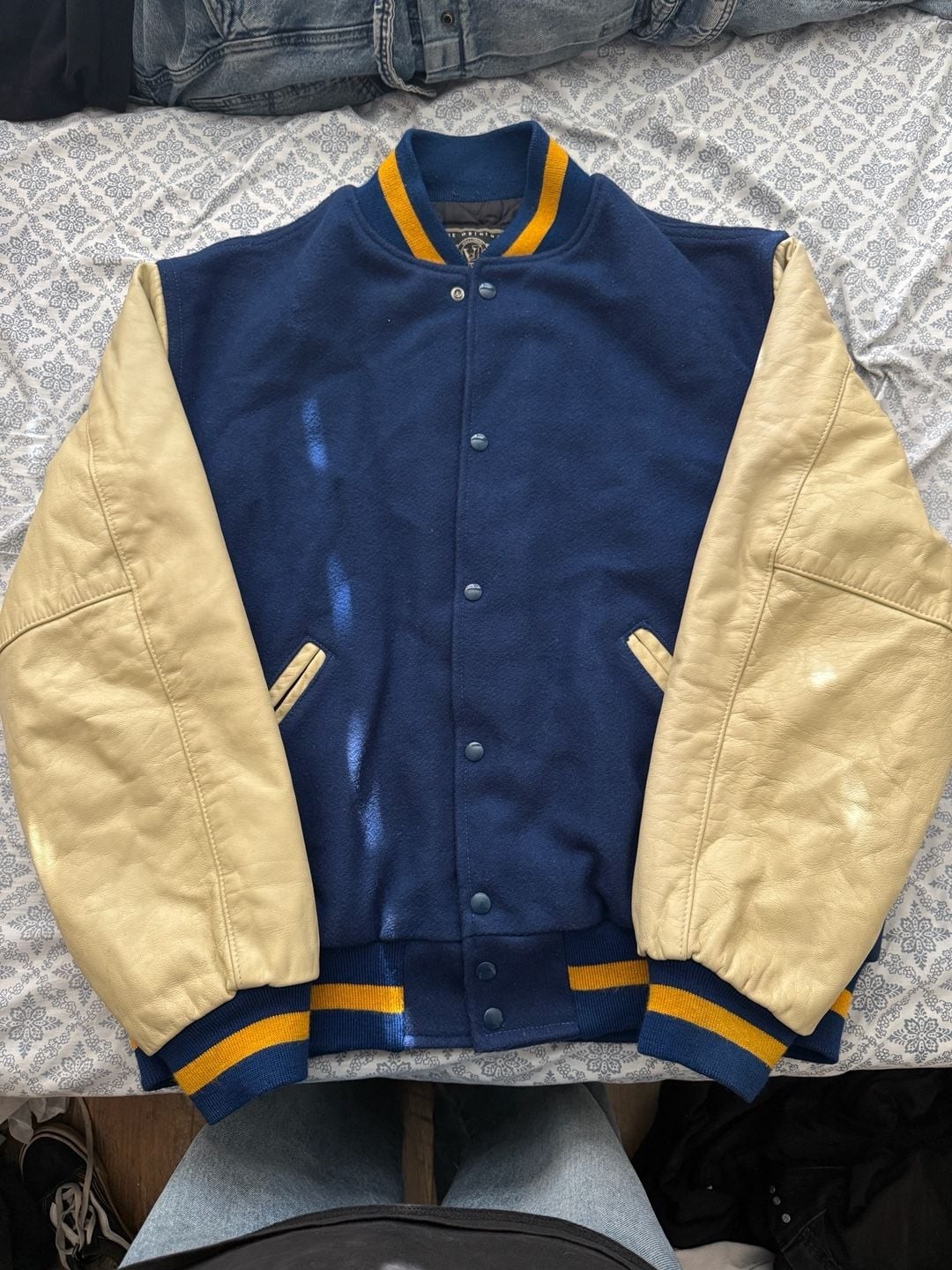Holloway Vintage Varsity Jacket Size XL Blue Cream Leather Sleeves Holloway Vintage Varsity Jacket Size XL Blue Cream Leather Sleeves