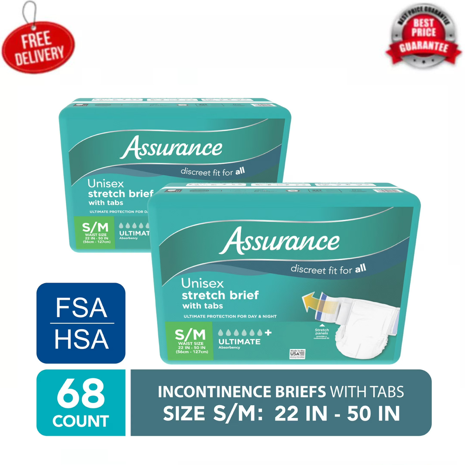 2 Pack Assurance Unisex Stretch Briefs with Tabs S/M 34 Count Each, Total 68 Ct 2 Pack Assurance Unisex Stretch Briefs with Tabs S/M 34 Count Each, Total 68 Ct