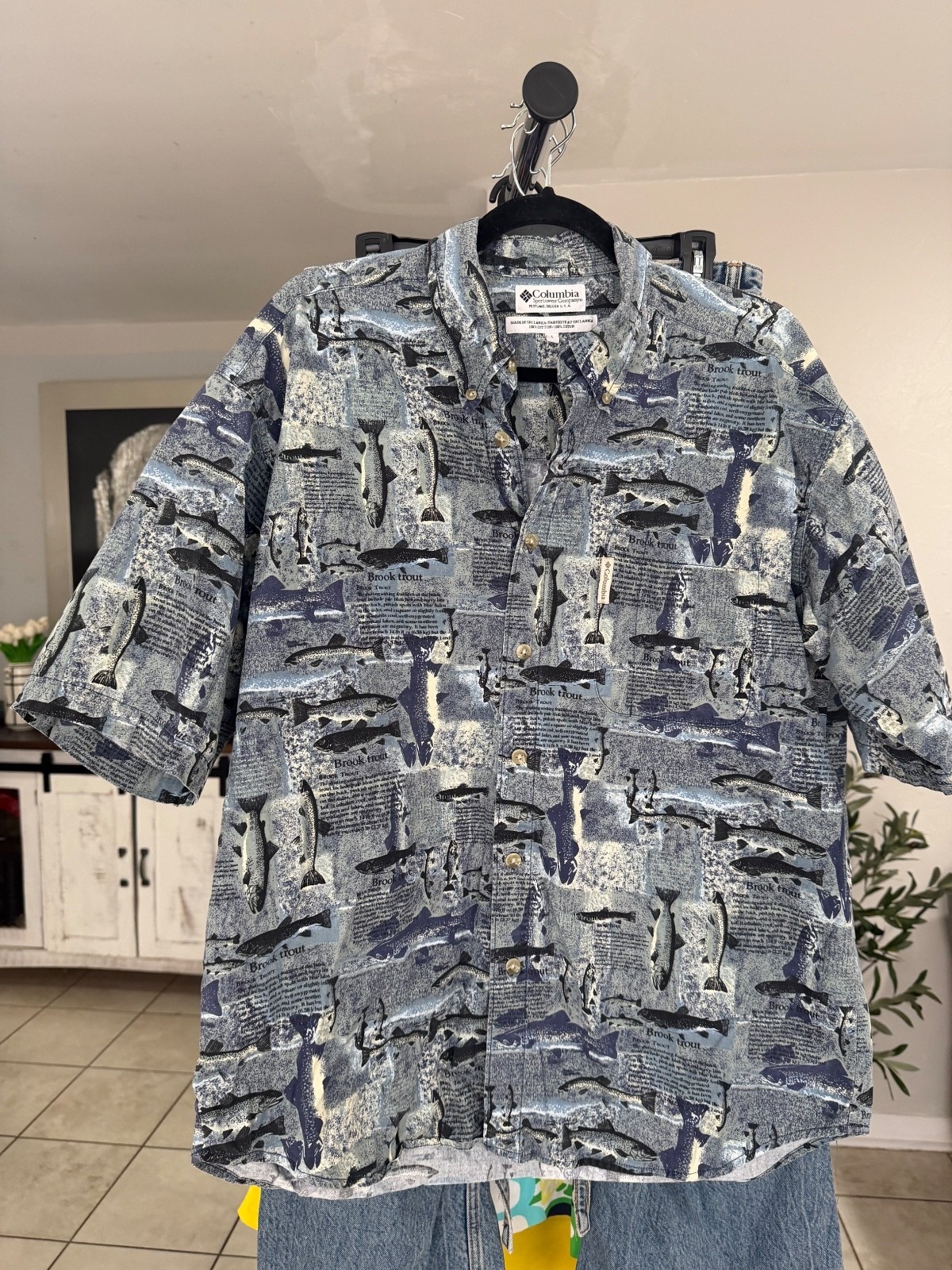Vintage Columbia Brook Trout Fish Print Button-Up Shirt Size L #206