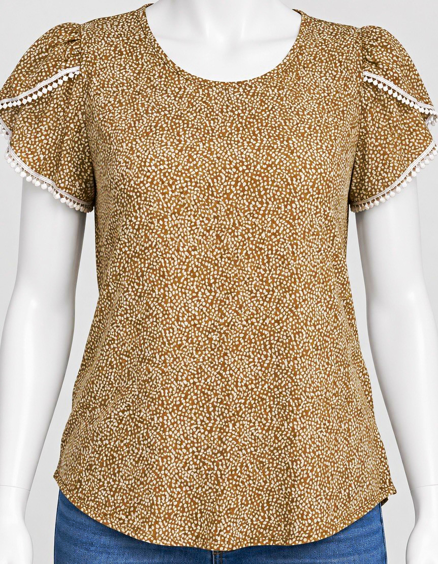 SHEIN Women’s Beige/White print Woven Round Neck Pom-Pom Blouse Large