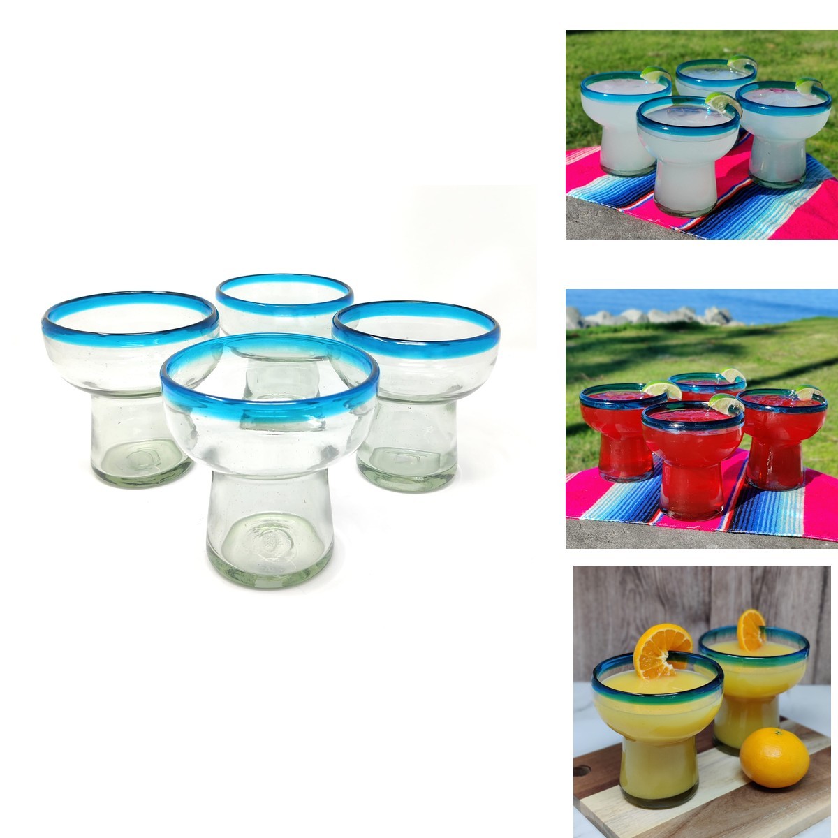 Dos Sueños Set of 4 Stemless Aqua Rim Margarita Glasses 14oz Dos Sueños Set of 4 Stemless Aqua Rim Margarita Glasses 14oz