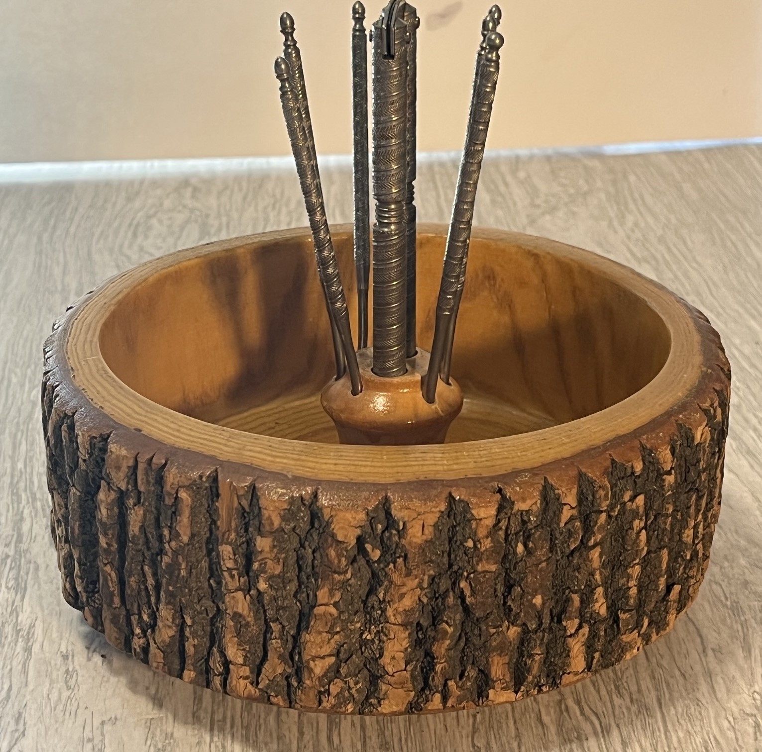 Vintage Nut Cracker Set Wooden Log Bark Bowl With Cracker & 9 Picks Vintage Nut Cracker Set Wooden Log Bark Bowl With Cracker & 9 Picks