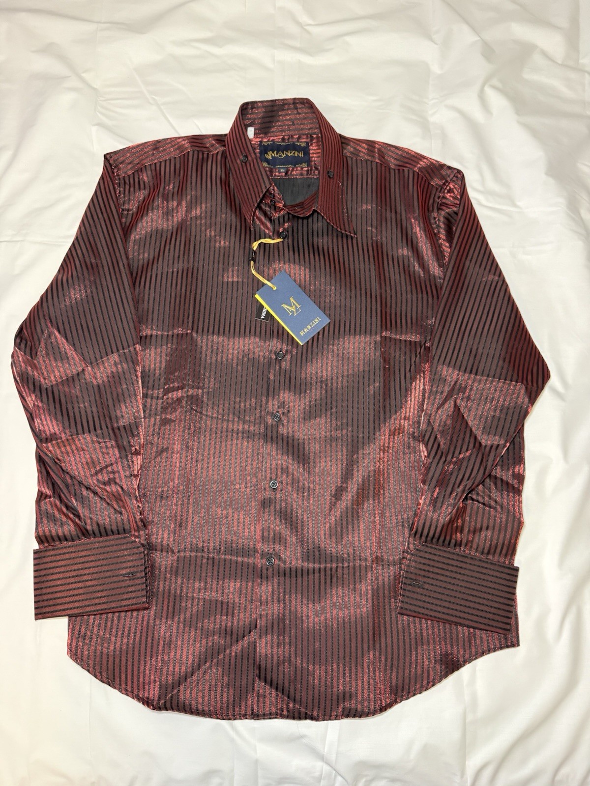 Mens Manzini Dress Shirt Burgundy Black Stripe Sheen French Cuff Link Button Up