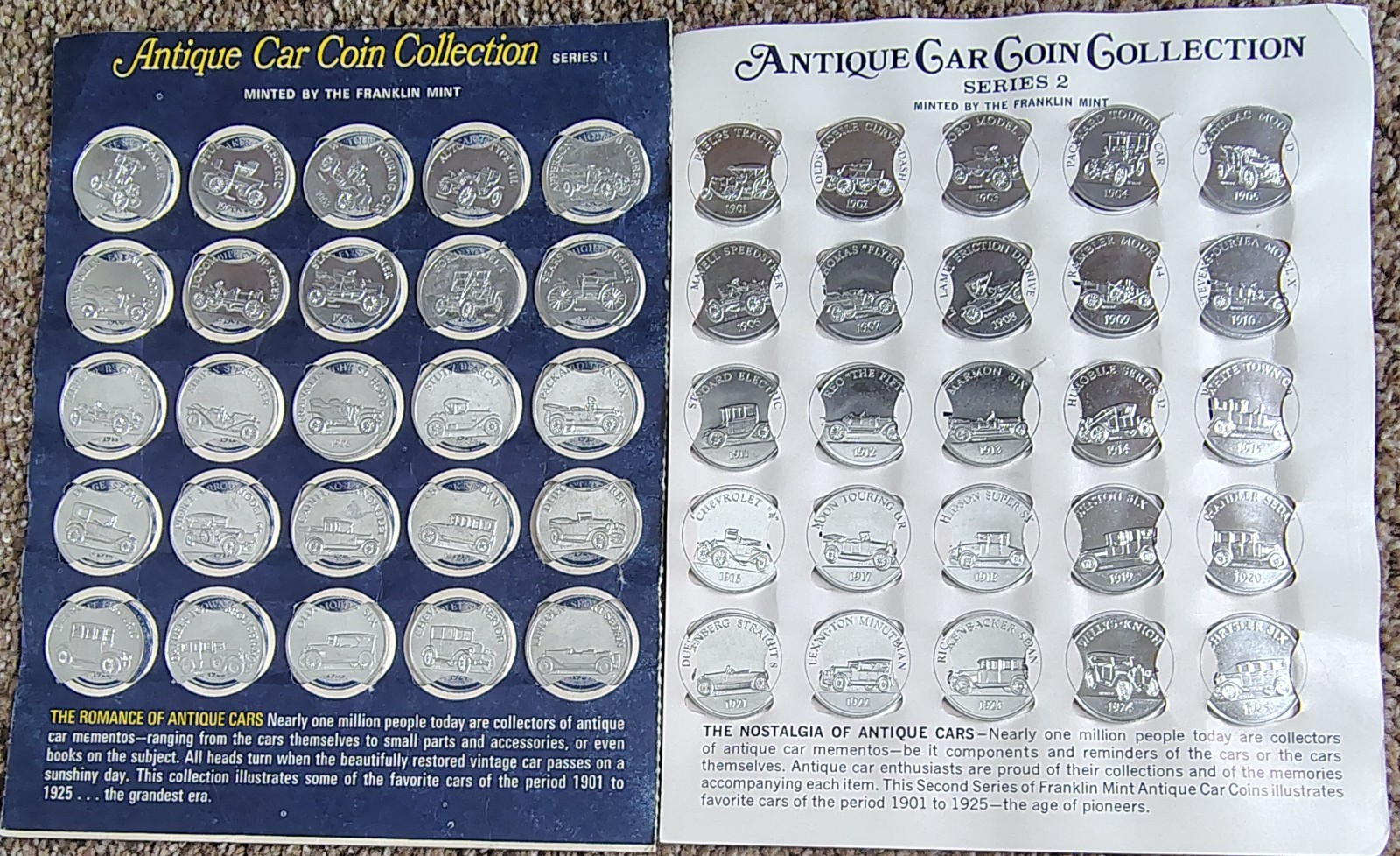 Franklin Mint 1969 Antique Car Coin Aluminum Collection Series 1 and 2 Franklin Mint 1969 Antique Car Coin Aluminum Collection Series 1 and 2