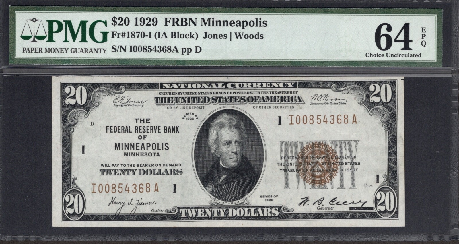 1929 $20 MINNEAPOLIS FRBN. PMG Choice Uncirculated 64 EPQ Banknote.