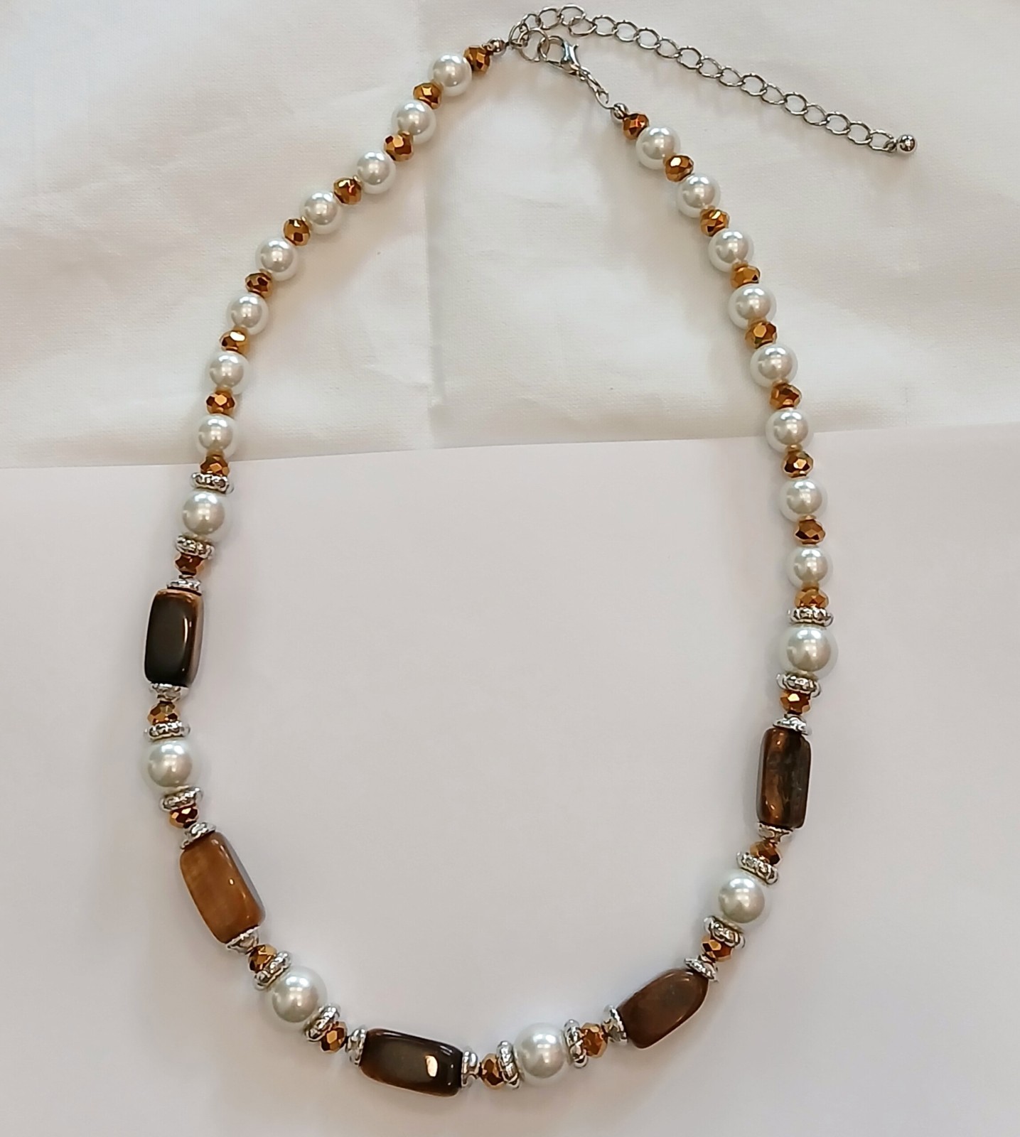 Vintage Tiger’s Eye, Glass Pearl & Crystal Beaded Accent Necklace 38.8g 18\