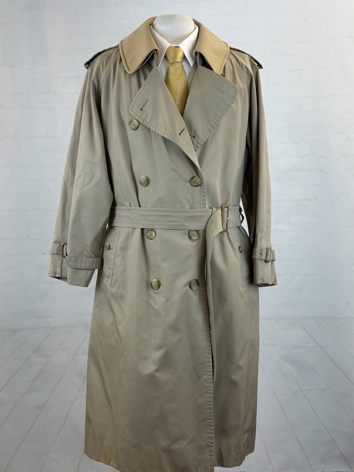 Vintage Burberrys\' Khaki Beige Cotton Trench Coat 48 Long Nova Check Belted Wool