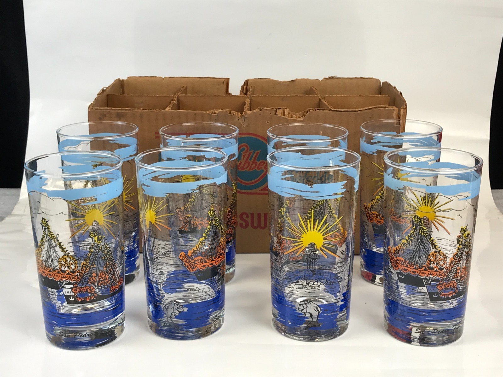 8pc Vintage Libbey SAN PEDRO FISHERMEN'S FIESTA Tumbler Glasses Unused W/ Box