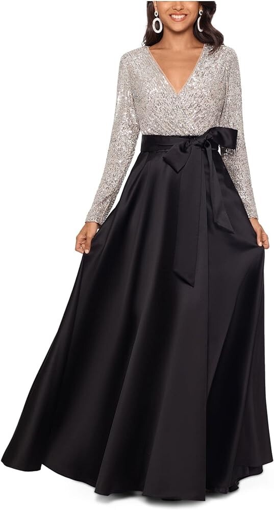 Xscape Black Nude Silver Long Sleeve Sequin Ballgown Size 8 $278 *