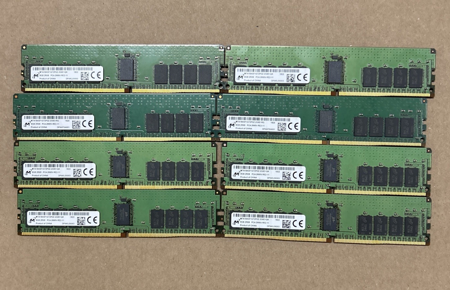 Lot Of 8 Micron 8GB 2Rx8 PC4-2666V-RE2-11 ECC REG Server Ram MTA18ASF1G72PDZ-2G6 Lot Of 8 Micron 8GB 2Rx8 PC4-2666V-RE2-11 ECC REG Server Ram MTA18ASF1G72PDZ-2G6