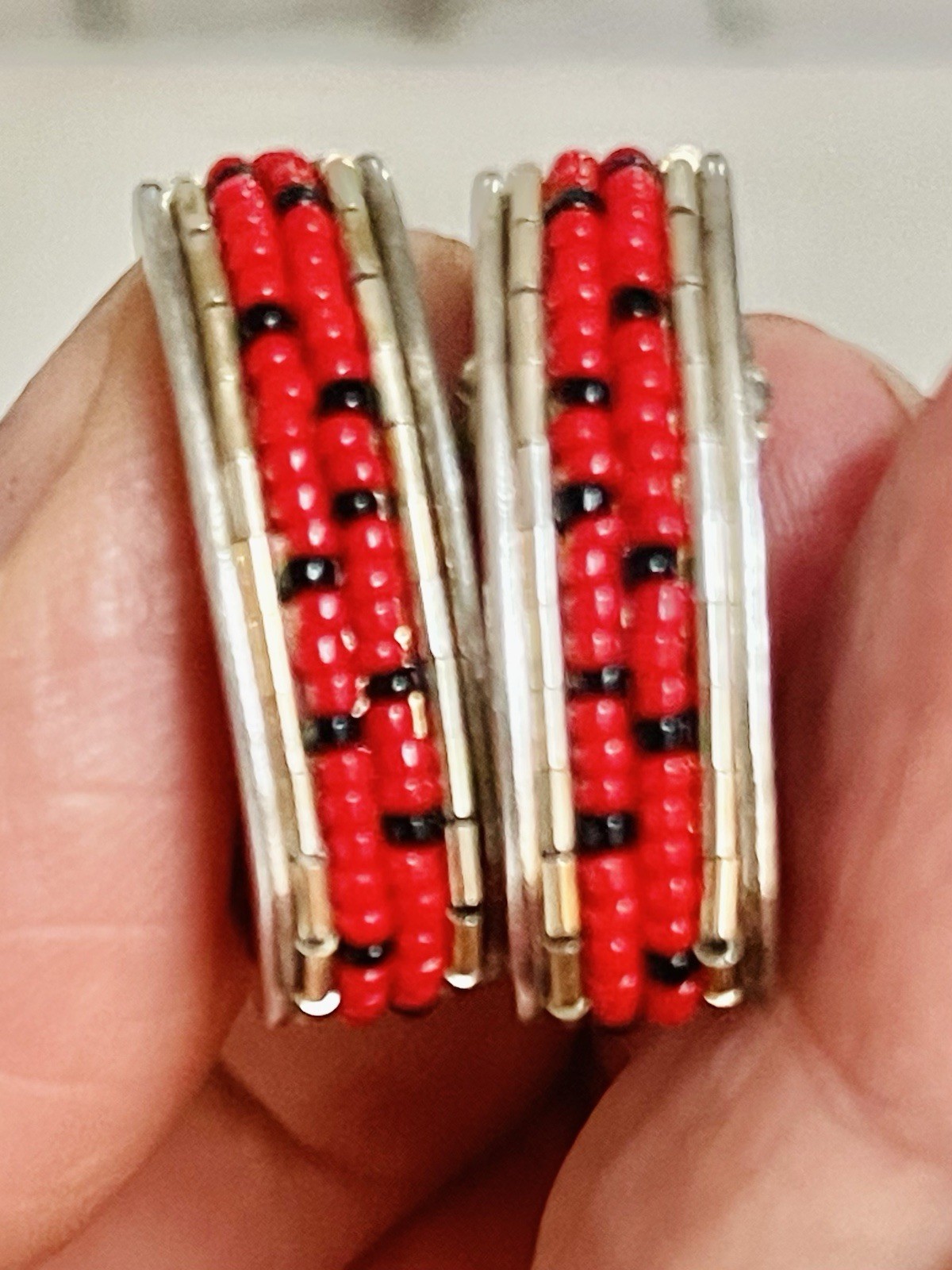VTG Native American Navajo Handmade КМН 925 Sterling Silver Bead Inlay Earrings