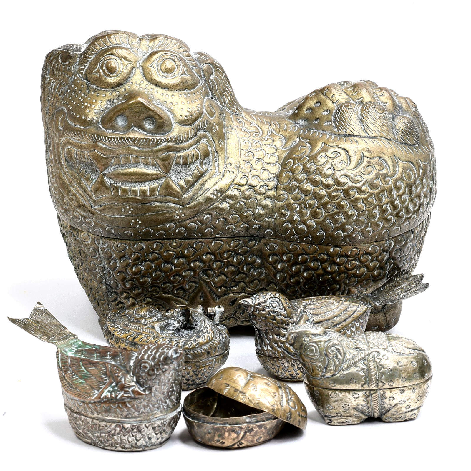 Lot 6pc Foo Dog Silver & Bronze & Gold Guardian Lion Metal Box, Jewelry Storage Lot 6pc Foo Dog Silver & Bronze & Gold Guardian Lion Metal Box, Jewelry Storage