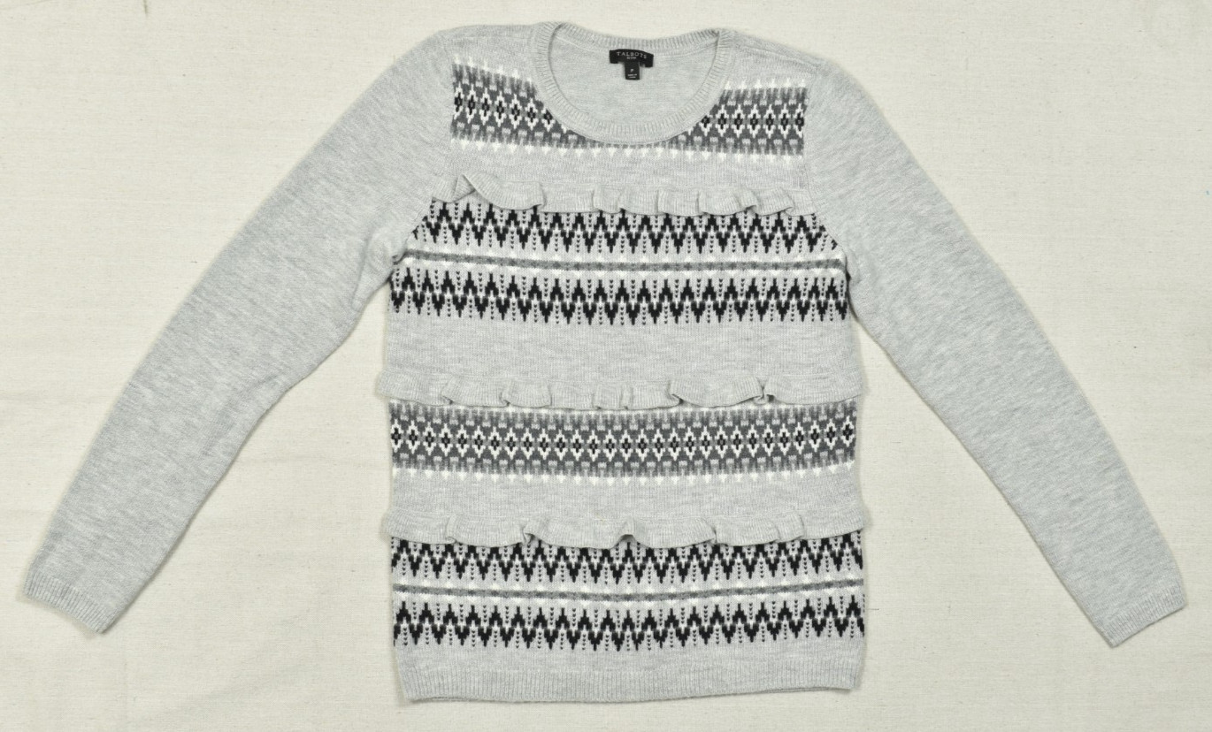 Talbots Petites Size P Gray Fair Isle Tiered Ruffle Lambswool Blend Pullover