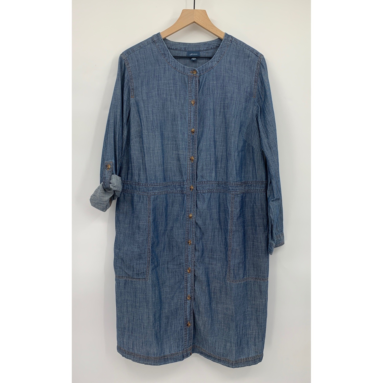 J Jill Denim Dress Womens XL Blue Chambray Button Front Roll Tab Sleeve Pockets