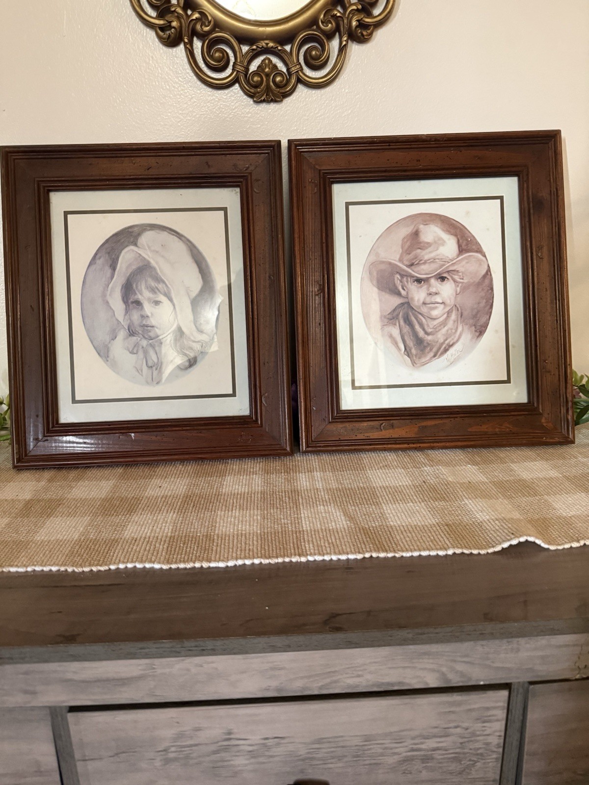 Set of 1970's Vintage Vel Miller Prints/ Little Cowboy and Prairie Girl Framed 