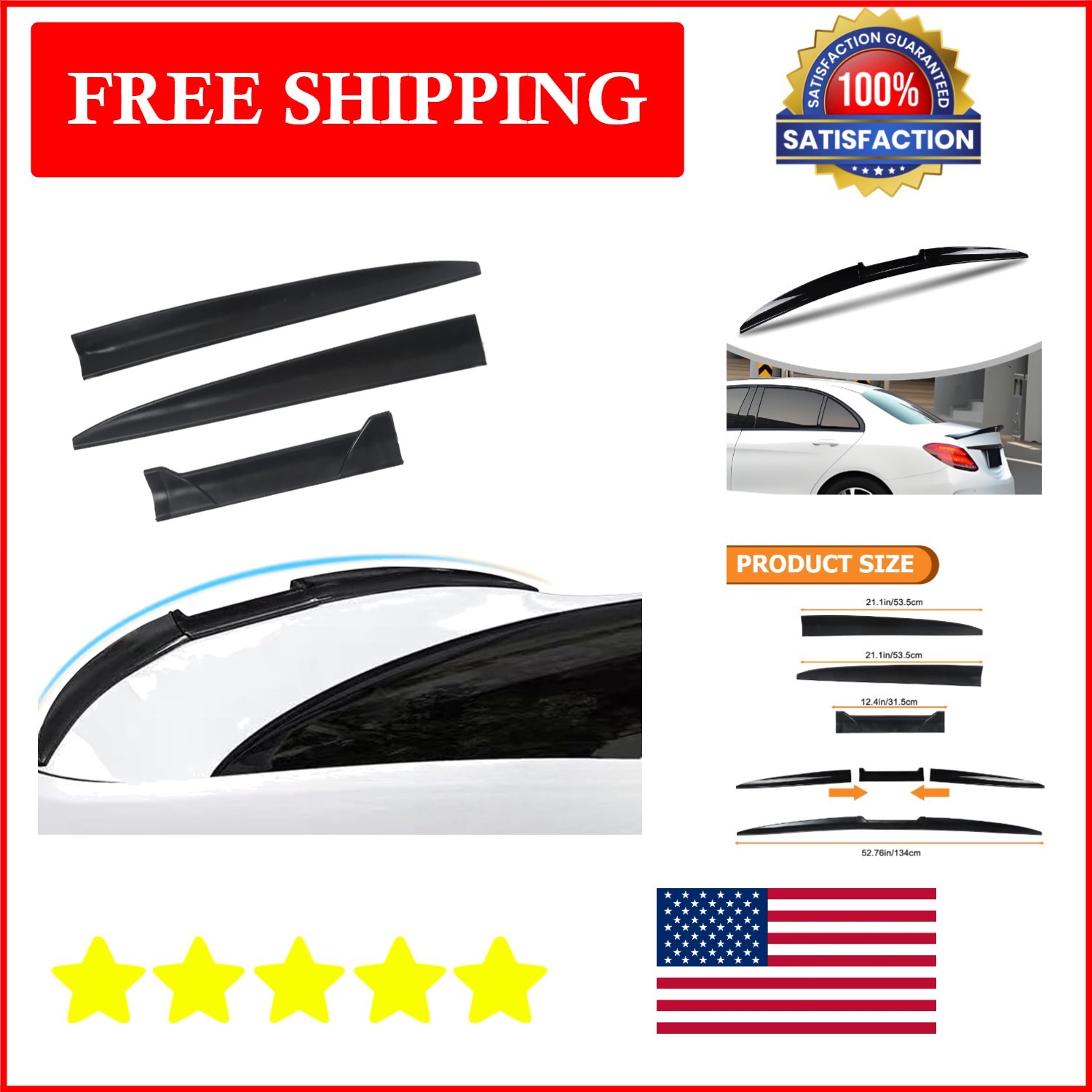 Glossy Black Car Spoiler Wing - Adjustable 40-55 inches for Sporty Style