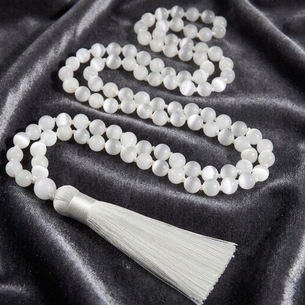 Natural Selenite 108 Mala Beads Prayer Necklace Tassel Crown Chakra Yoga Clean