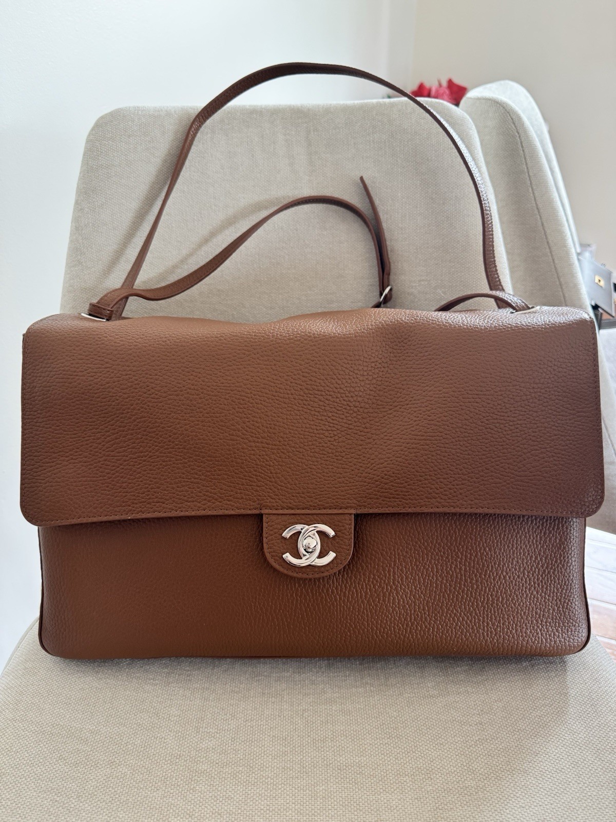 BNIB Chanel Matthieu Blazy Maxi Flap Bag 38cm Caramel Brown Silver Hardware