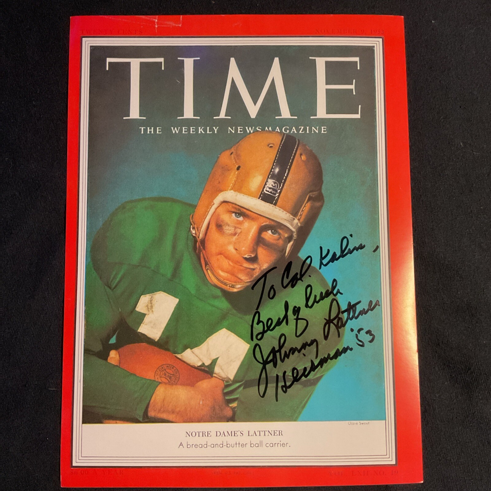 Johnny Lattner Signed 8x10 Time Card 1953 Heisman Trophy Notre Dame Inscr To Col